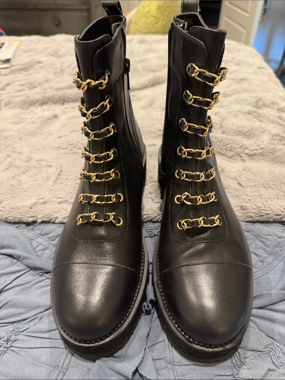Cecelia Black Leather Combat Boots with Gold Chain Accents